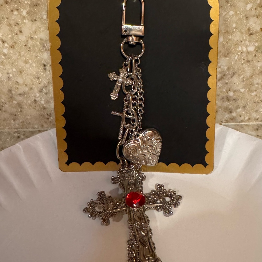 Goth Silver Cross Keychain or Bookbag Charns with Red Gem Accent